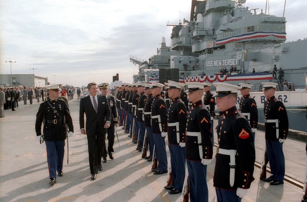 President Ronald Reagan at the recommissioning ceremony for the battleship U.S.S. New Jersey in Long Beach California